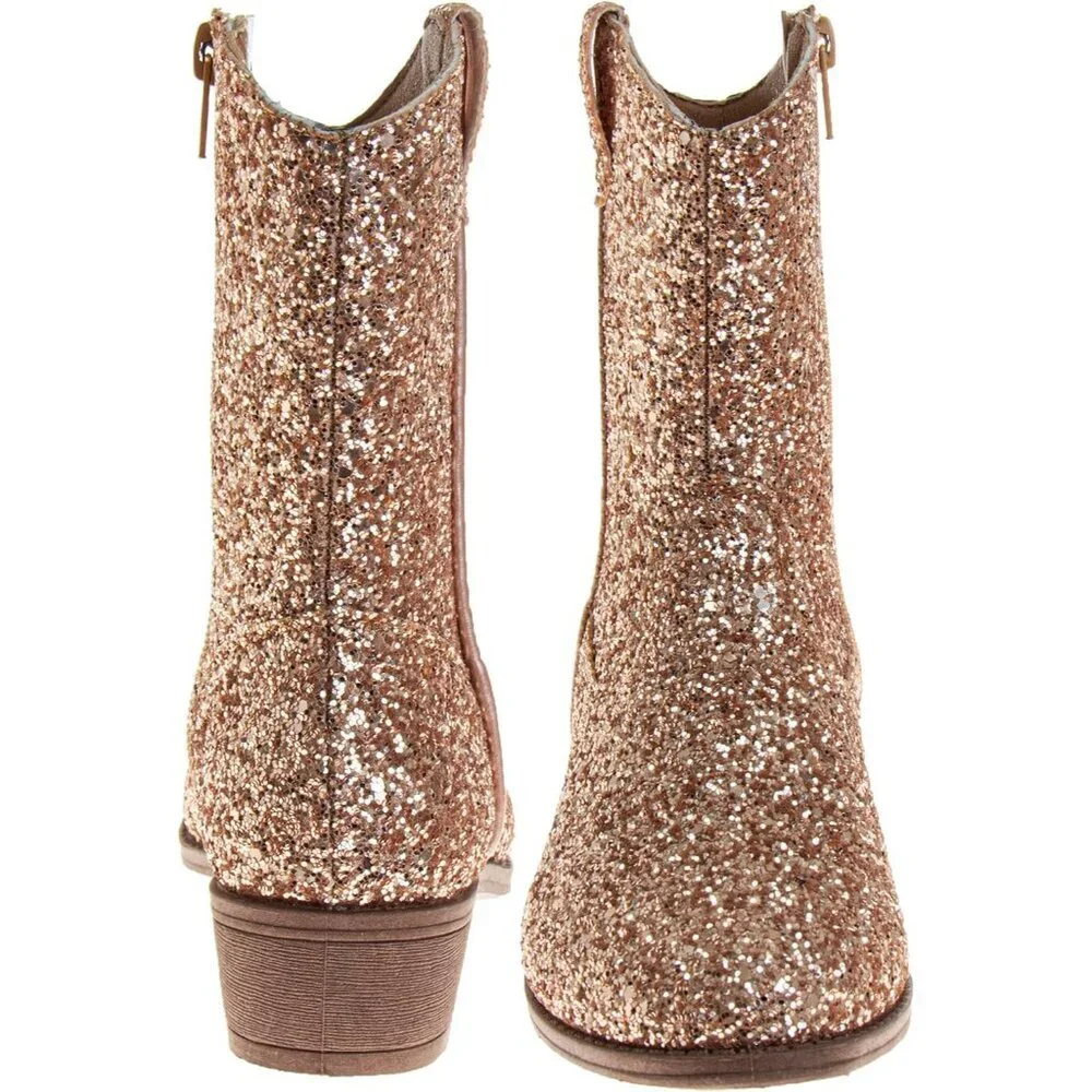 🆕Girls Rose Gold Glitter Manmade Glitter Cowgirl Mid Calf Cowboy Western Boots